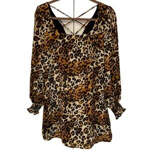 Kenedik Animal Print Square Neck Crisscross V-Back Mini Dress Sz Small Multi NWT